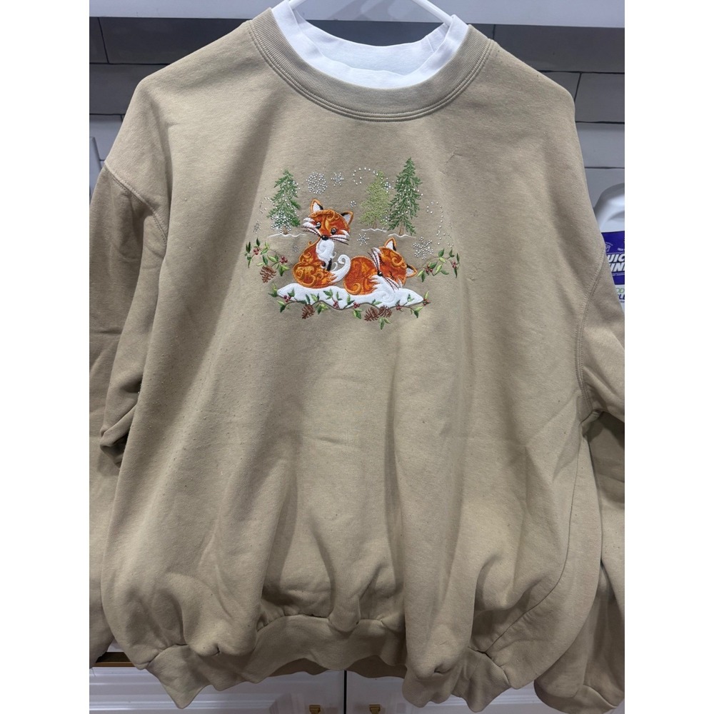 Morning Sun Fox Winter Embroidery Sweatshirt Tan Crew Neck Women 2XL Vintage